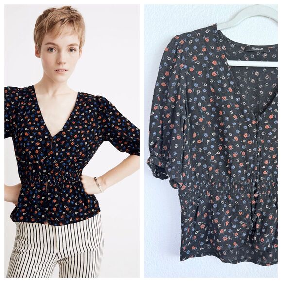 Madewell Women's Smocked-Waist Top in Prairie Posies Black, Blue & Red Size M - Picture 1 of 13